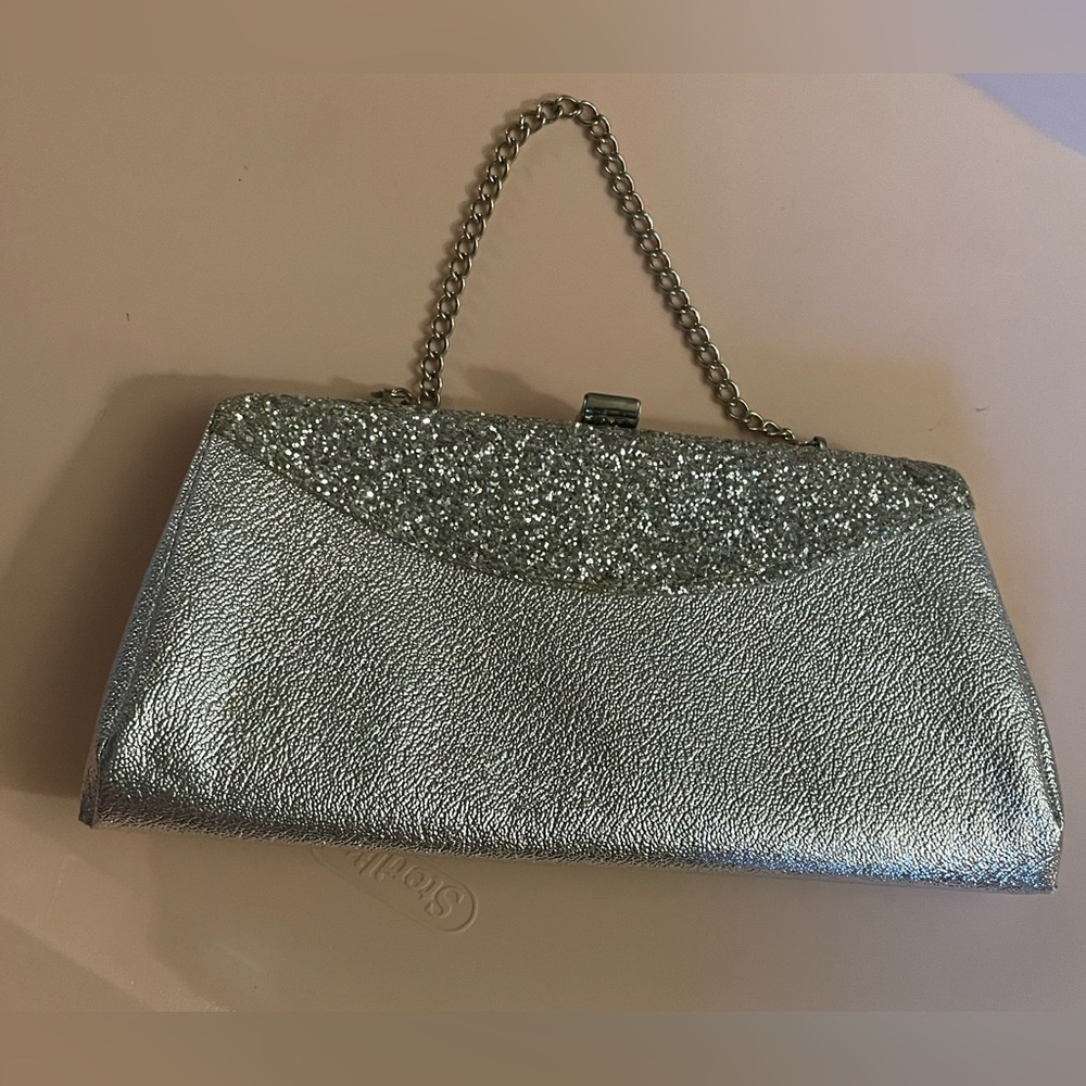 Silver Glitter Clutch With Chain Strap Vintage Purse
